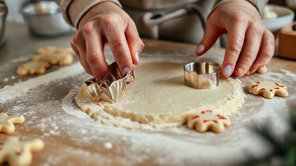 Mãos cortando a massa dos biscoitos com moldes de árvore e estrela, em superfície enfarinhada.