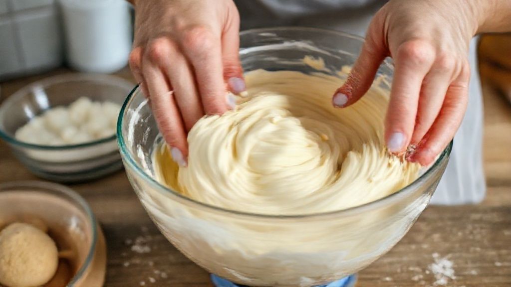 Mãos misturando a massa das bolachinhas em uma tigela durante o preparo da receita.