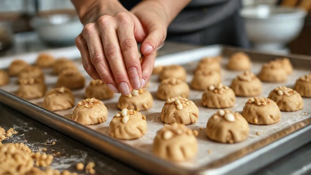 Mãos modelando as bolachinhas de amendoim antes de levá-las ao forno
