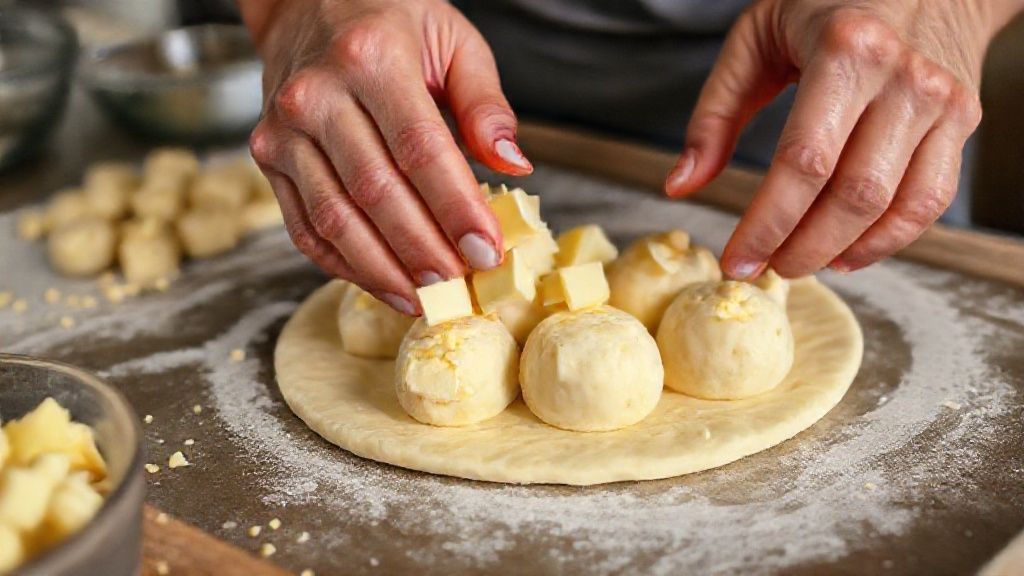 Mãos modelando as bolinhas e recheando com cubinhos de queijo antes de empanar.
