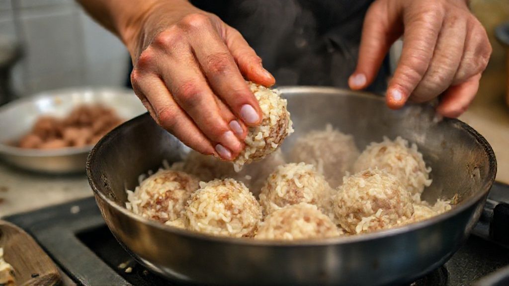 Mãos modelando os bolinhos antes da fritura, mostrando textura e cuidado no preparo