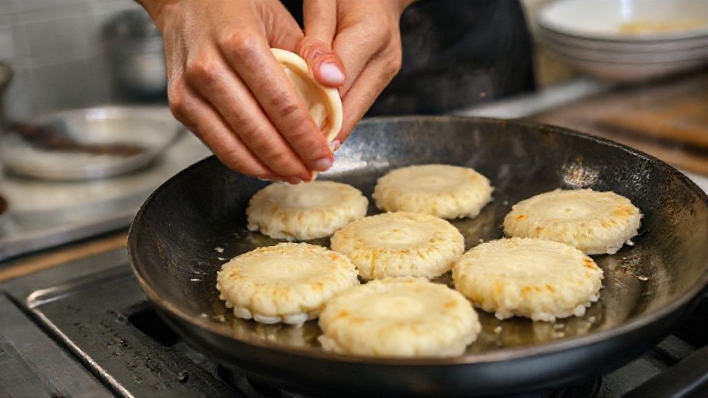 Mãos moldando bolinhos e colocando na frigideira quente durante o preparo