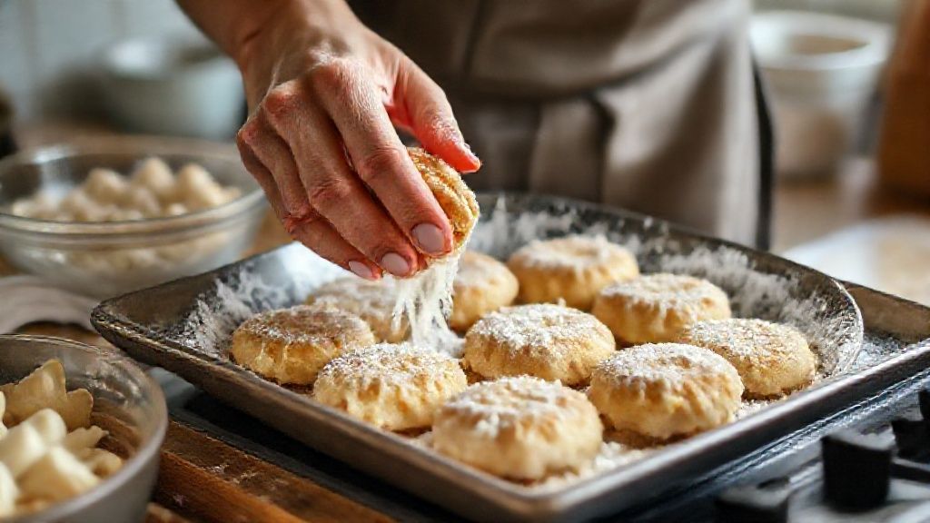 Mãos modelando e empanando os bolinhos antes de fritar.
