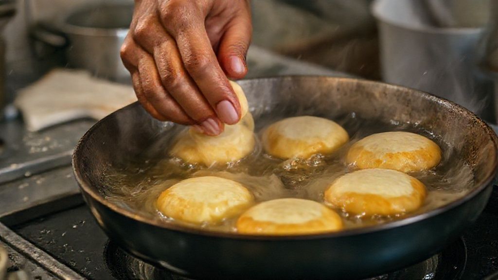 Mãos moldando bolinhos e colocando na panela com óleo quente, mostrando o momento da fritura dourada.