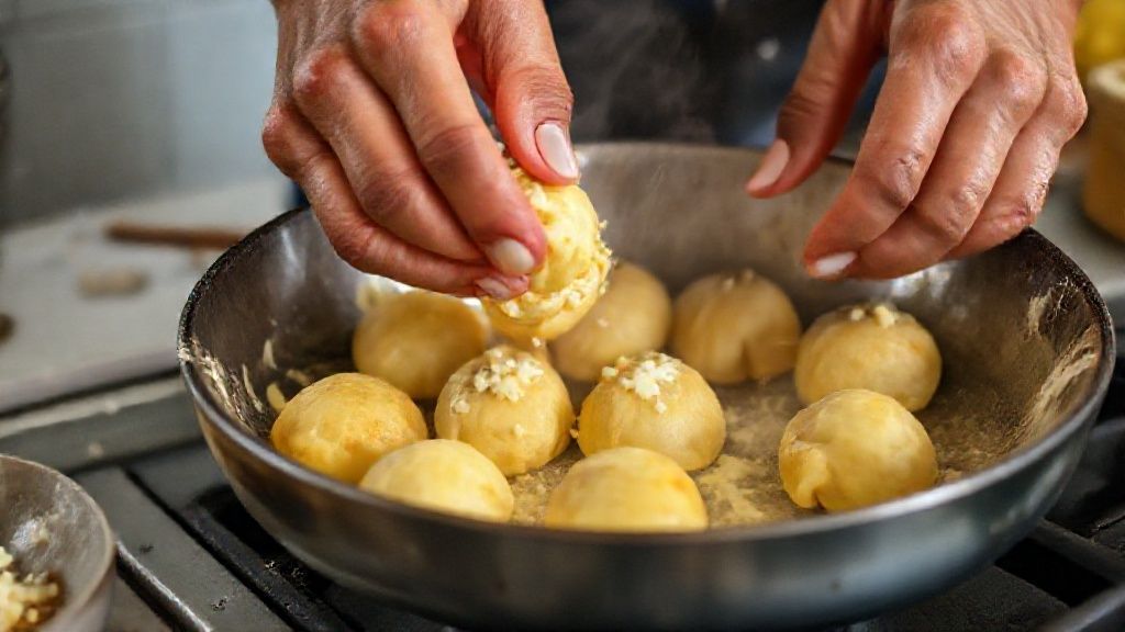 Mãos modelando os bolinhos de mandioca com queijo no centro