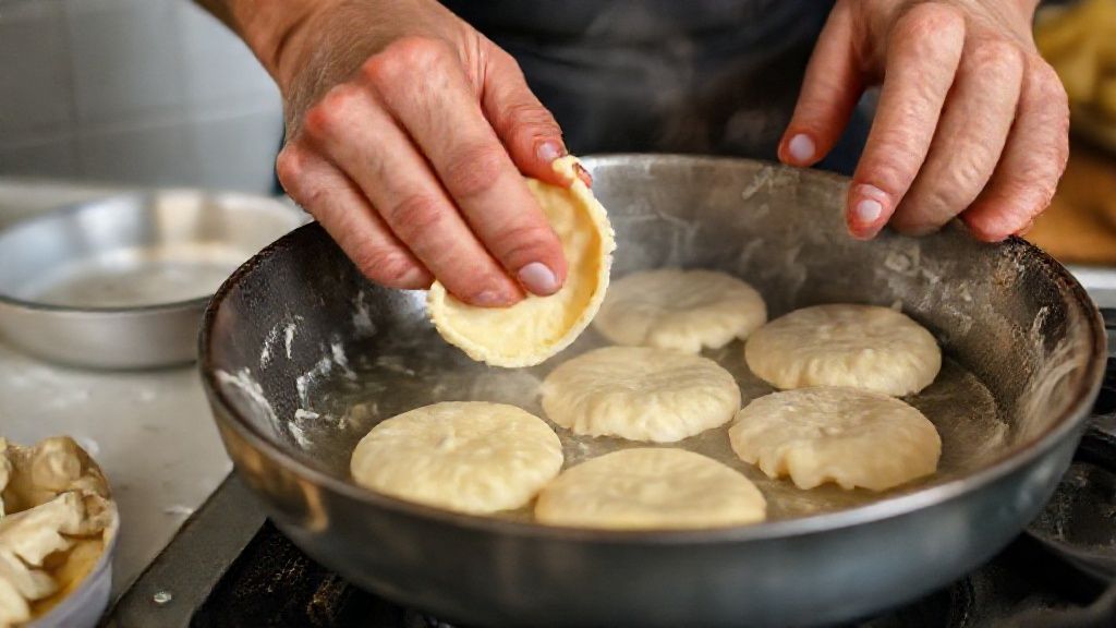 Mãos modelando a massa do bolinho antes da fritura, em cozinha caseira