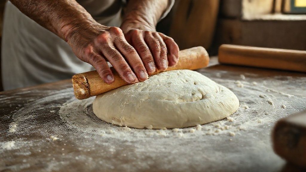 Mãos sovando e abrindo a massa dos bolinhos sapo em bancada enfarinhada