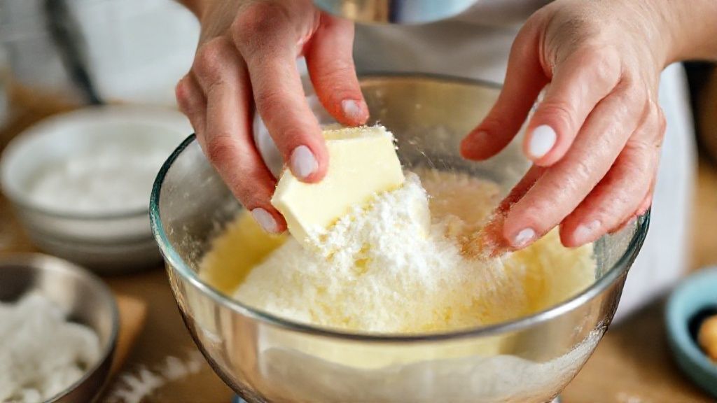 Mãos misturando a massa cremosa com manteiga e açúcar em tigela de vidro durante o preparo