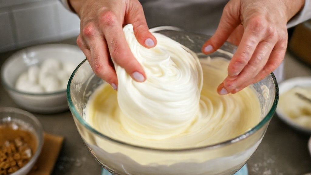 Mãos incorporando claras em neve à massa do bolo em tigela de vidro na cozinha