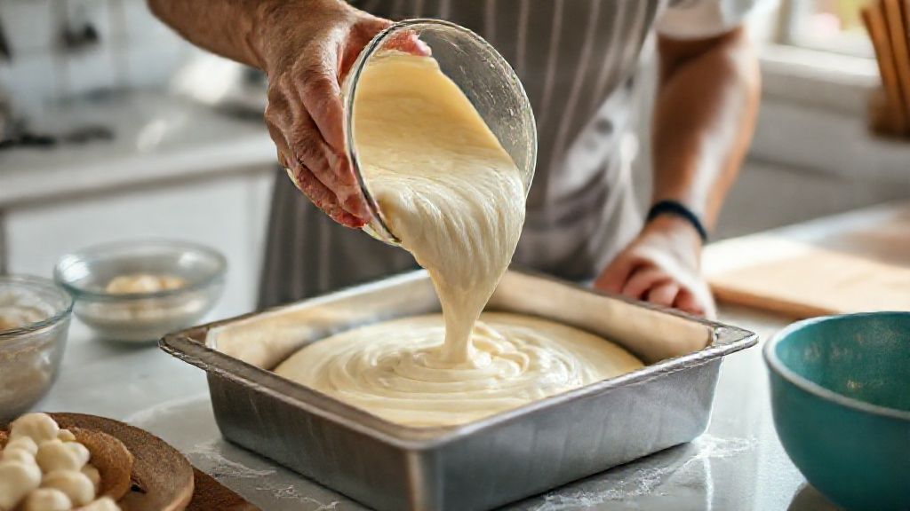 Mãos batendo a massa do bolo no liquidificador e despejando na forma antes do forno