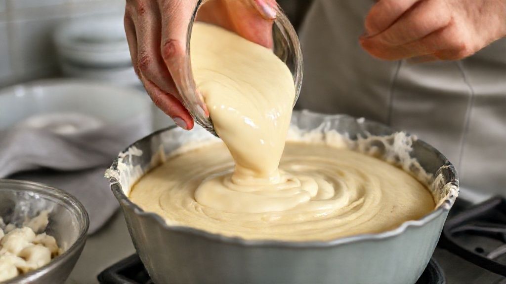Mãos despejando o recheio cremoso sobre metade da massa do bolo antes de levar ao forno