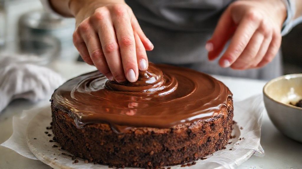 Mãos misturando a massa e espalhando a ganache sobre o bolo durante o preparo