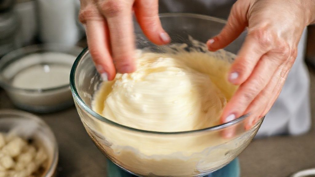 Mãos misturando a massa do bolo em uma tigela grande, incorporando os líquidos aos ingredientes secos