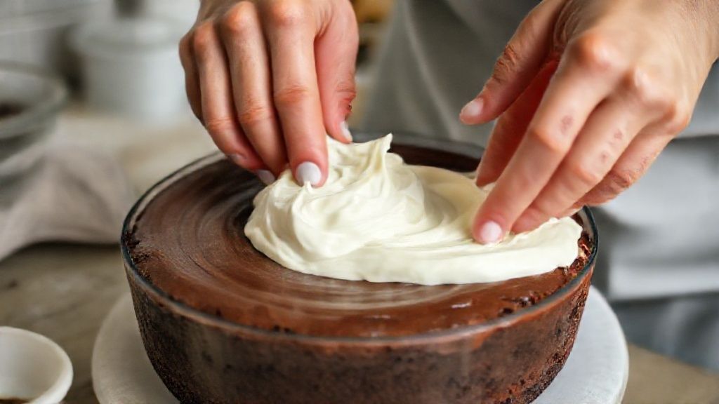 Mãos misturando a massa de chocolate enquanto o bolo é preparado