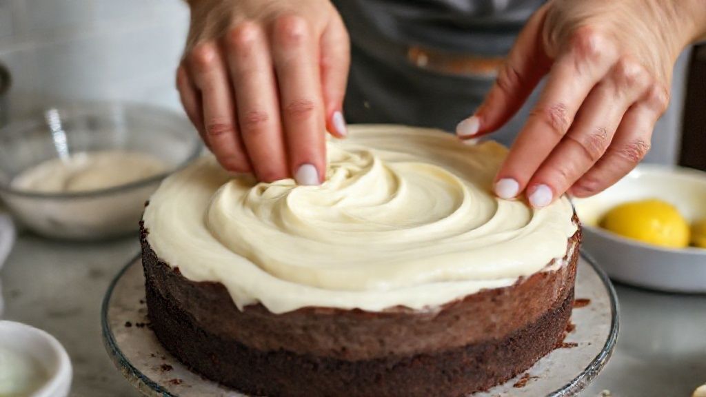 Mãos misturando massa de bolo em tigela e incorporando mousse cremoso de limão ao recheio