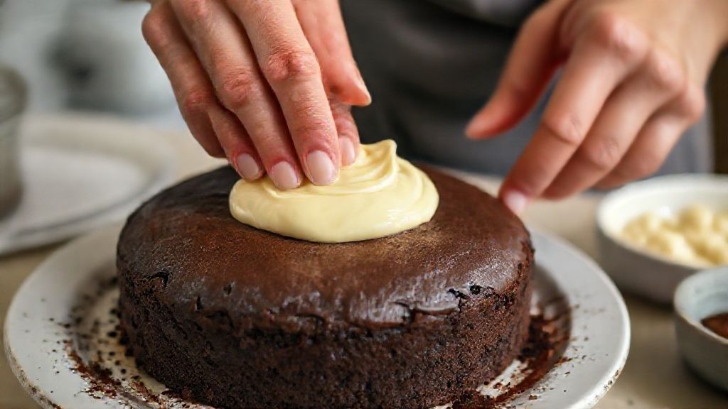 Mãos espalhando o brigadeiro sobre a massa de chocolate durante a montagem do bolo