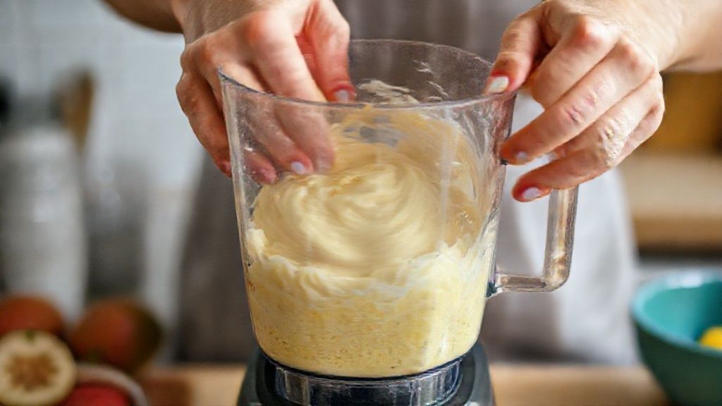 Mãos misturando o flocão hidratado no liquidificador durante o preparo do bolo