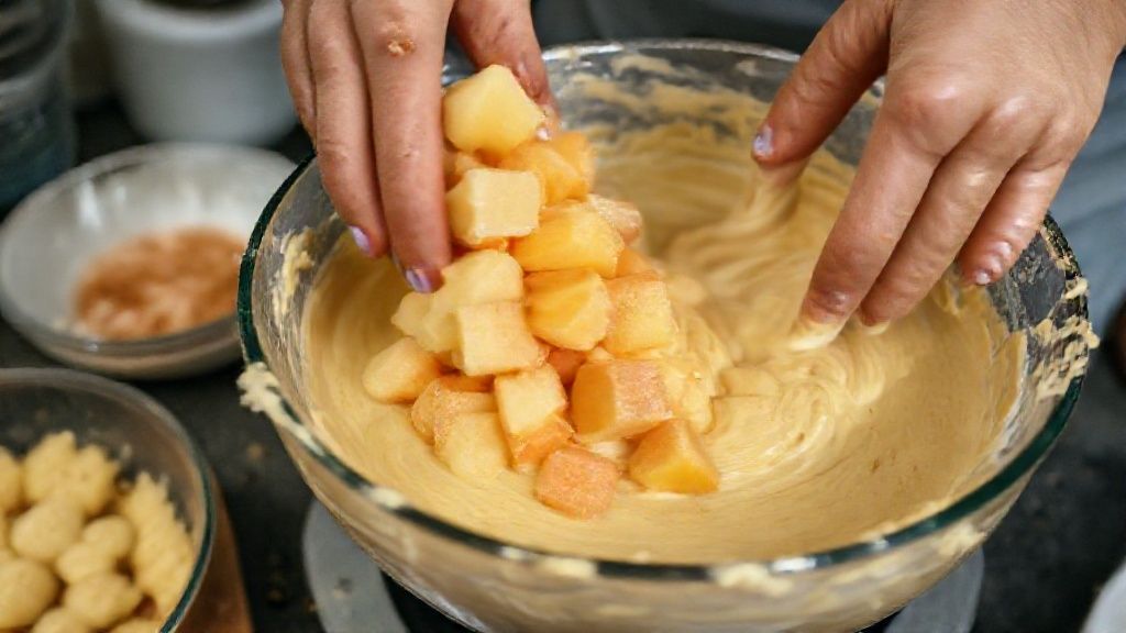 Mãos misturando a massa do bolo em tigela, com pedaços de goiabada sendo incorporados