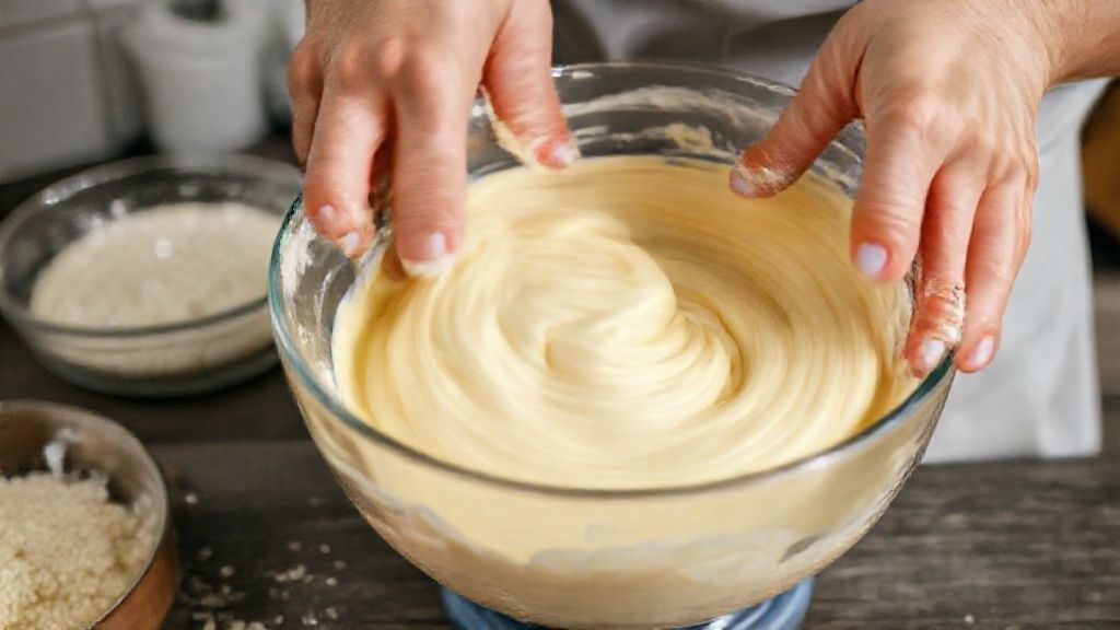 Mãos misturando o fubá ao creme de leite e leite condensado em uma tigela durante o preparo da receita