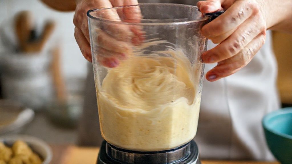 Mãos batendo a massa do bolo de fubá no liquidificador durante o preparo