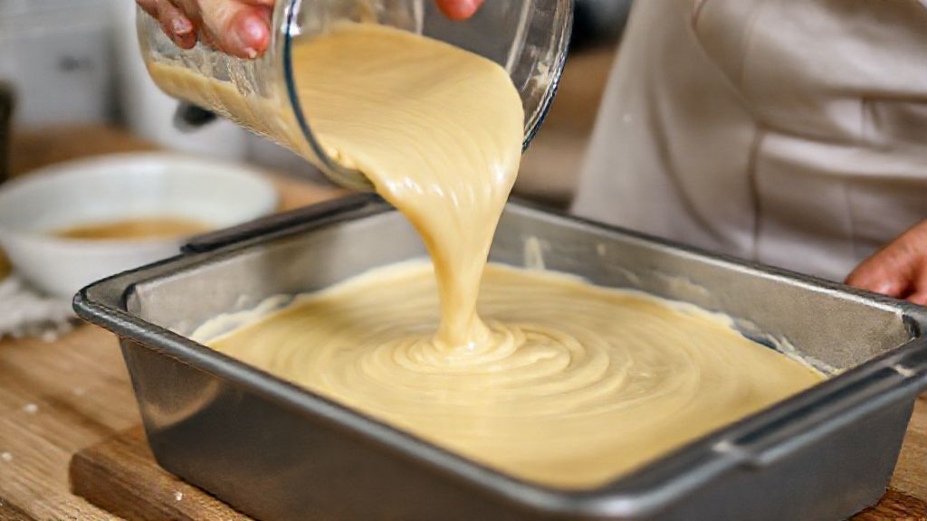 Mãos despejando a massa cremosa do bolo de mandioca batida no liquidificador em uma forma untada
