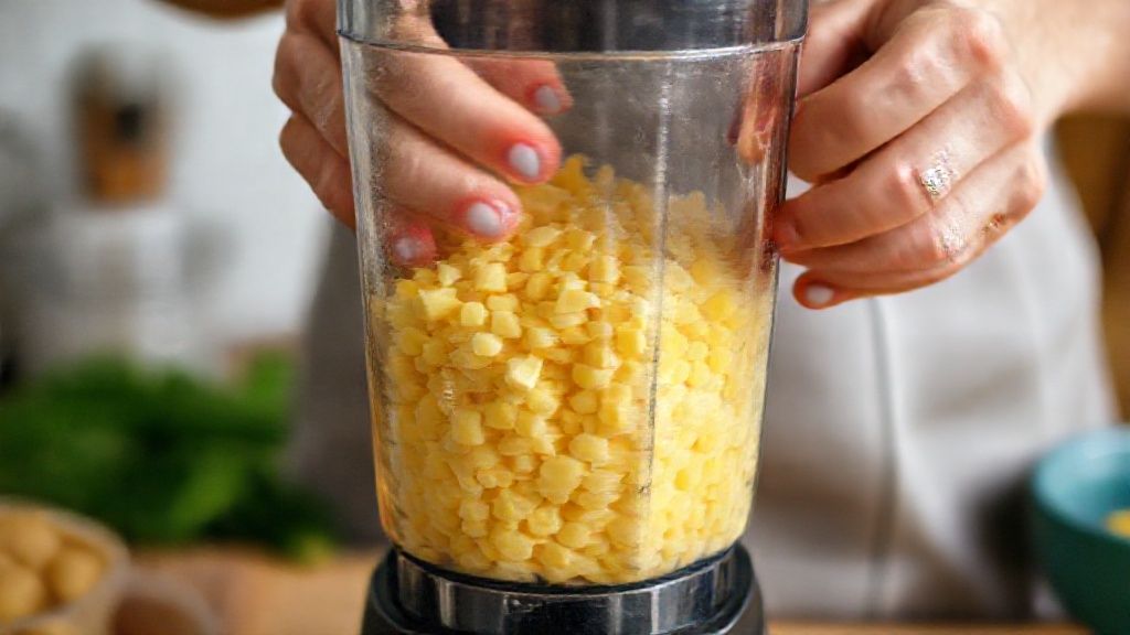 Mãos em ação batendo massa de bolo de milho no liquidificador em cozinha iluminada.