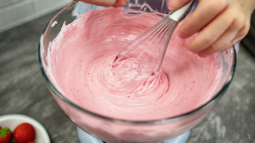 Mãos misturando a massa rosada em uma tigela grande durante o preparo