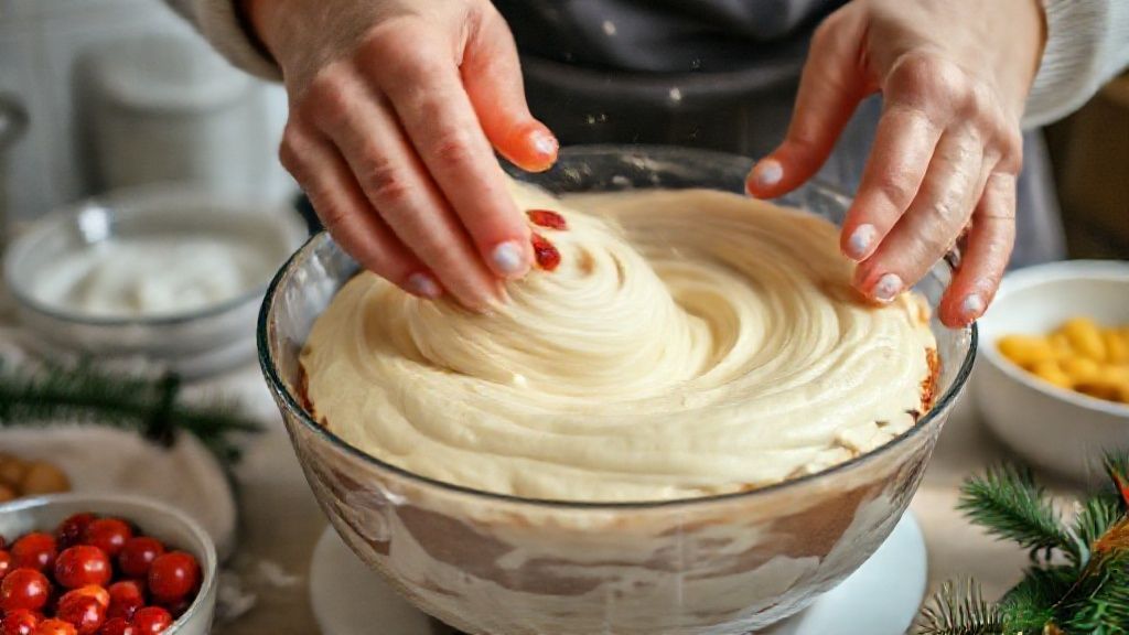 Mãos misturando a massa do bolo com fouet em tigela, enquanto as frutas cristalizadas são adicionadas.