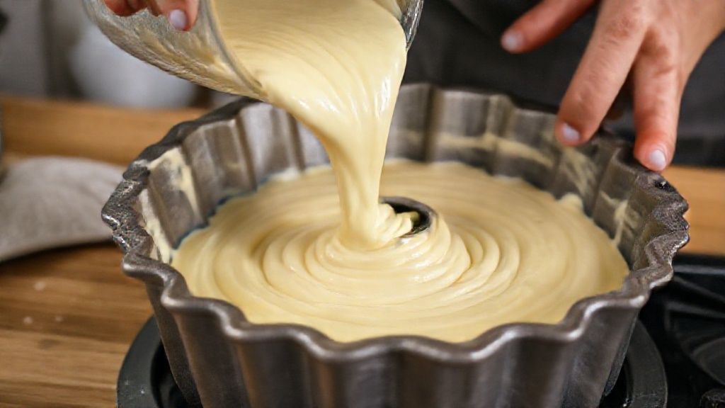 Mãos despejando a massa cremosa do bolo de polvilho em forma untada