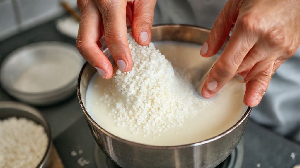 Mãos misturando a tapioca granulada com leite quente em tigela durante o preparo