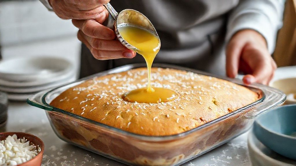 Mãos regando o bolo com calda de coco na travessa, passo crucial do preparo