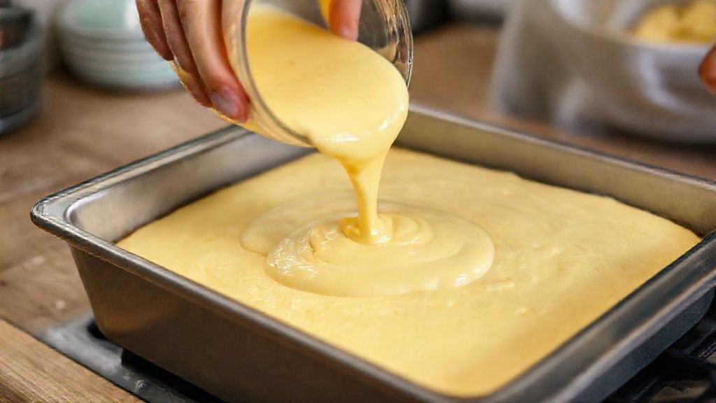 Mãos despejando a mistura de pudim sobre a massa de bolo na forma caramelizada