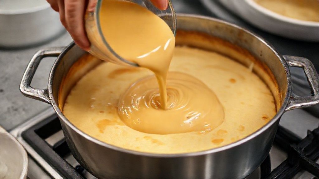 Mãos despejando a mistura do pudim sobre a massa do bolo em uma forma caramelizada