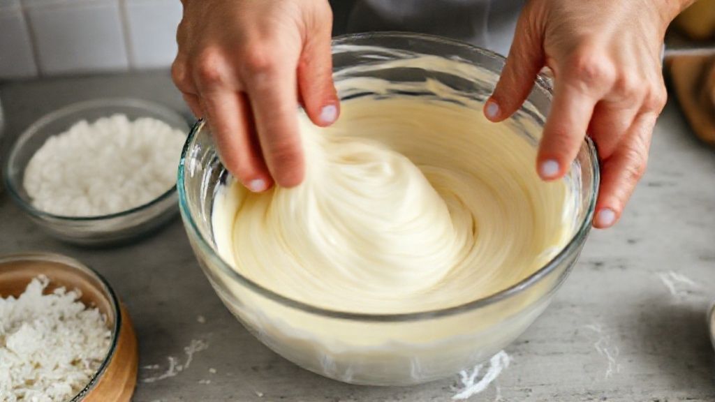 Mãos misturando e batendo a massa cremosa do bolo em uma tigela de vidro