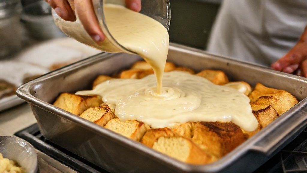 Mãos despejando o creme sobre os pães na forma, mostrando o processo de montagem do bolo salgado