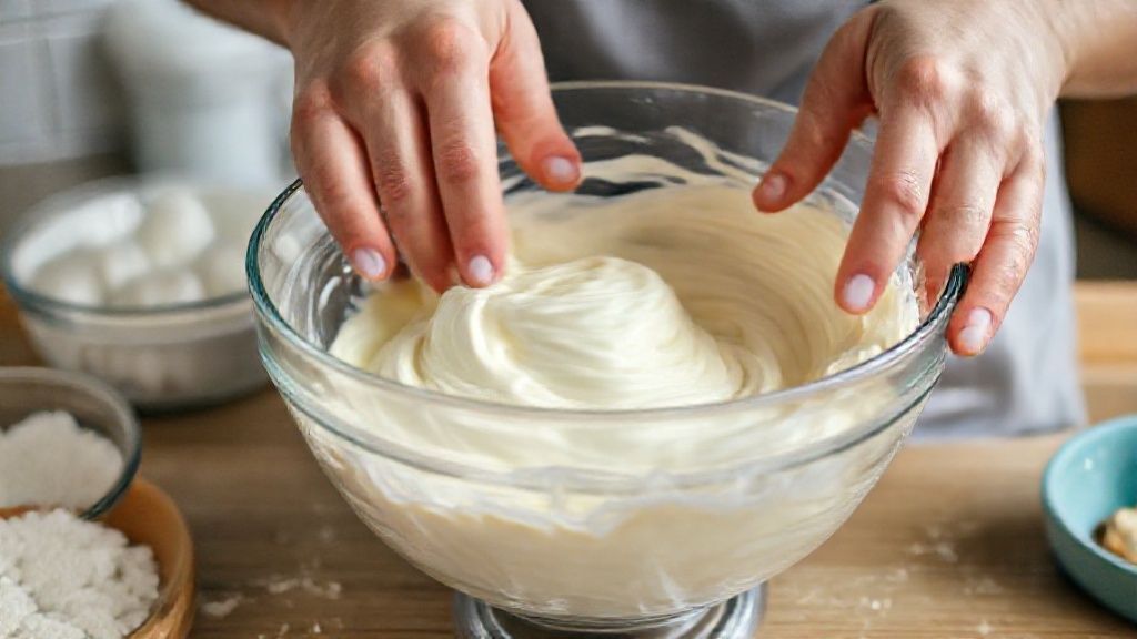 Mãos batendo a massa do bolo em uma tigela de vidro, mostrando o ponto ideal da mistura