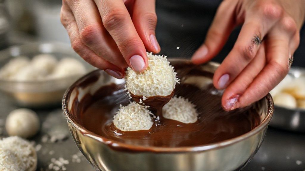 Mãos moldando os bombons e mergulhando as unidades no chocolate derretido.