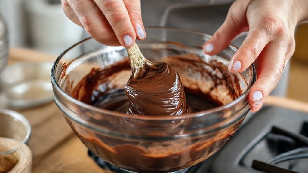 Mãos misturando massa de brownie em uma tigela com chocolate derretido