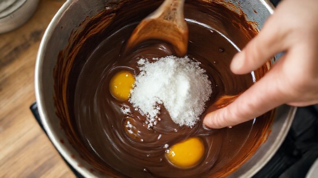 Mãos misturando o chocolate derretido com ovos e açúcar em uma tigela durante o preparo da massa do brownie