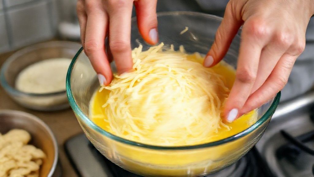 Mãos misturando os ingredientes da massa do pão low carb em um bowl