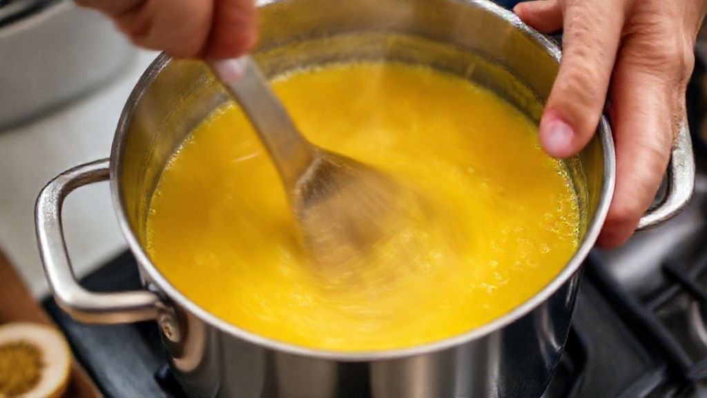 Mãos mexendo a calda de maracujá em uma panela de fundo claro durante o cozimento