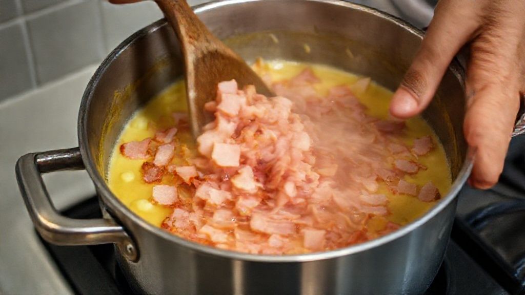 Mãos refogando alho e cebola em panela, com bacon dourando e o caldo sendo misturado