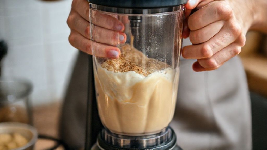 Mãos batendo a mistura cremosa no liquidificador durante o preparo do capuccino