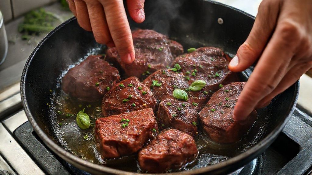 Mãos selando a carne em frigideira quente antes de levar ao forno, com alho e cebola dourando ao fundo