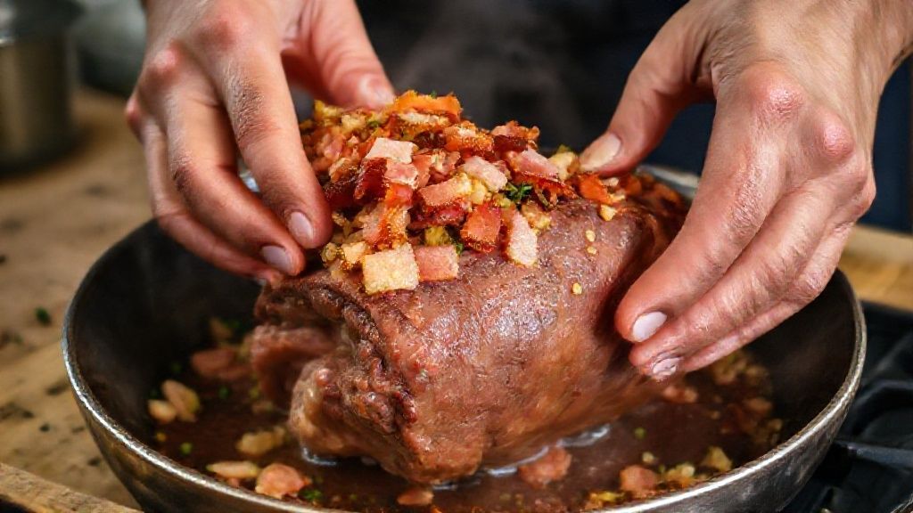 Mãos inserindo o recheio de legumes e bacon dentro da carne antes do cozimento
