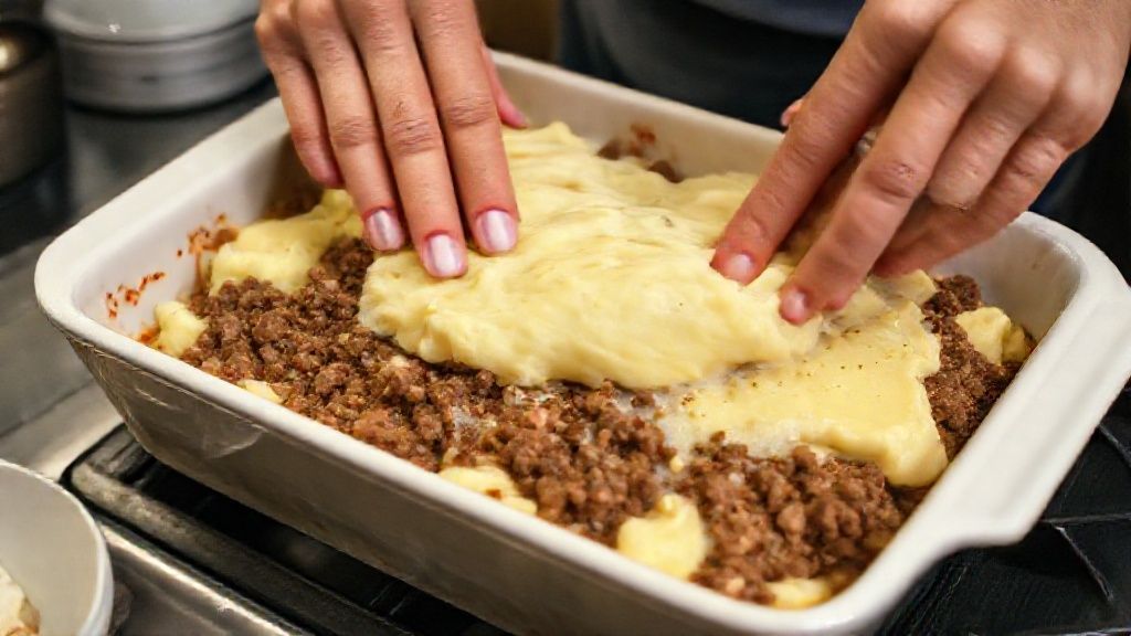 Mãos espalhando a mistura de carne e purê de batata em uma assadeira antes de gratinar