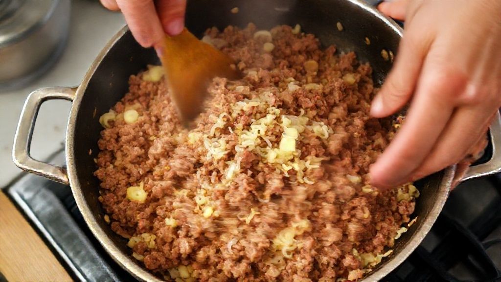 Mãos refogando carne moída em panela com cebola e alho durante o preparo da receita
