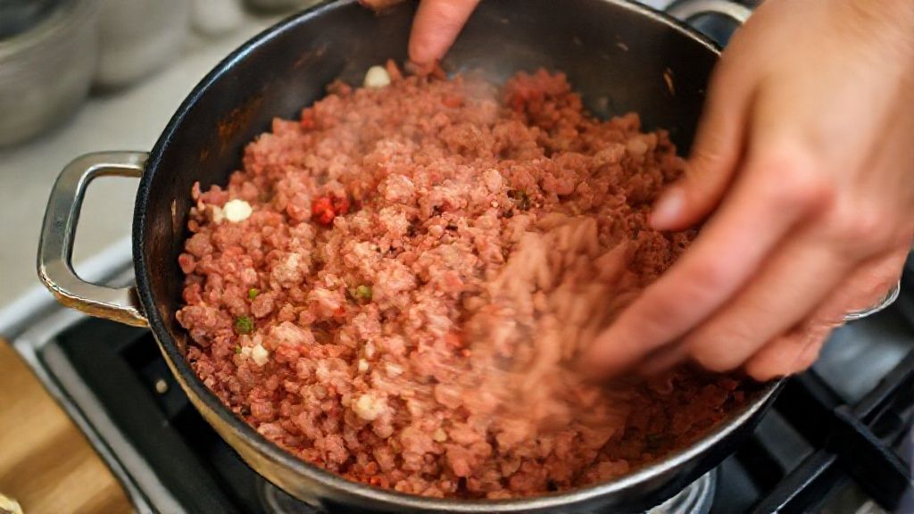 Mãos em ação refogando a carne moída na panela durante o preparo