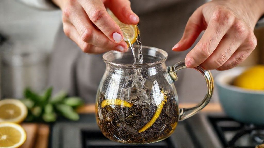 Mãos despejando água quente sobre folhas de chá em bule de vidro durante o preparo