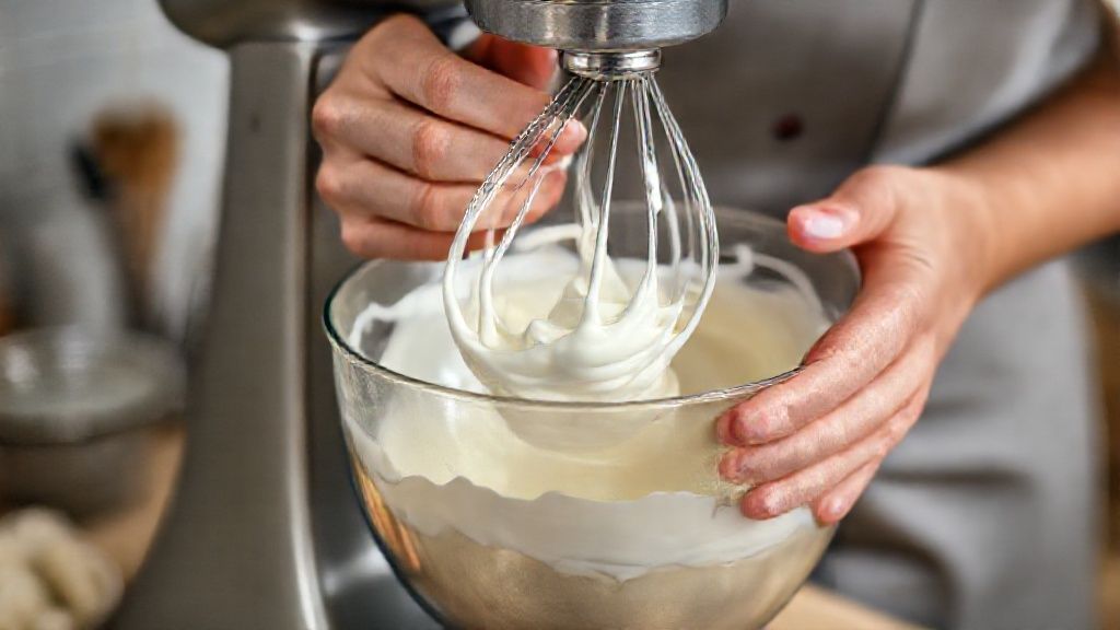 Mãos batendo o chantilly na batedeira durante o preparo do chantininho